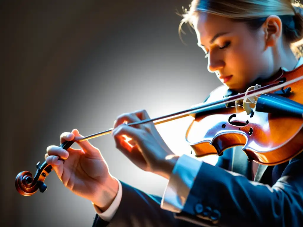 Mano de violinista ejecutando la técnica de 'chop' con pasión Detalle de la mano de un violinista ejecutando la técnica chop, transmitiendo la energía y ritmo de la música contemporánea