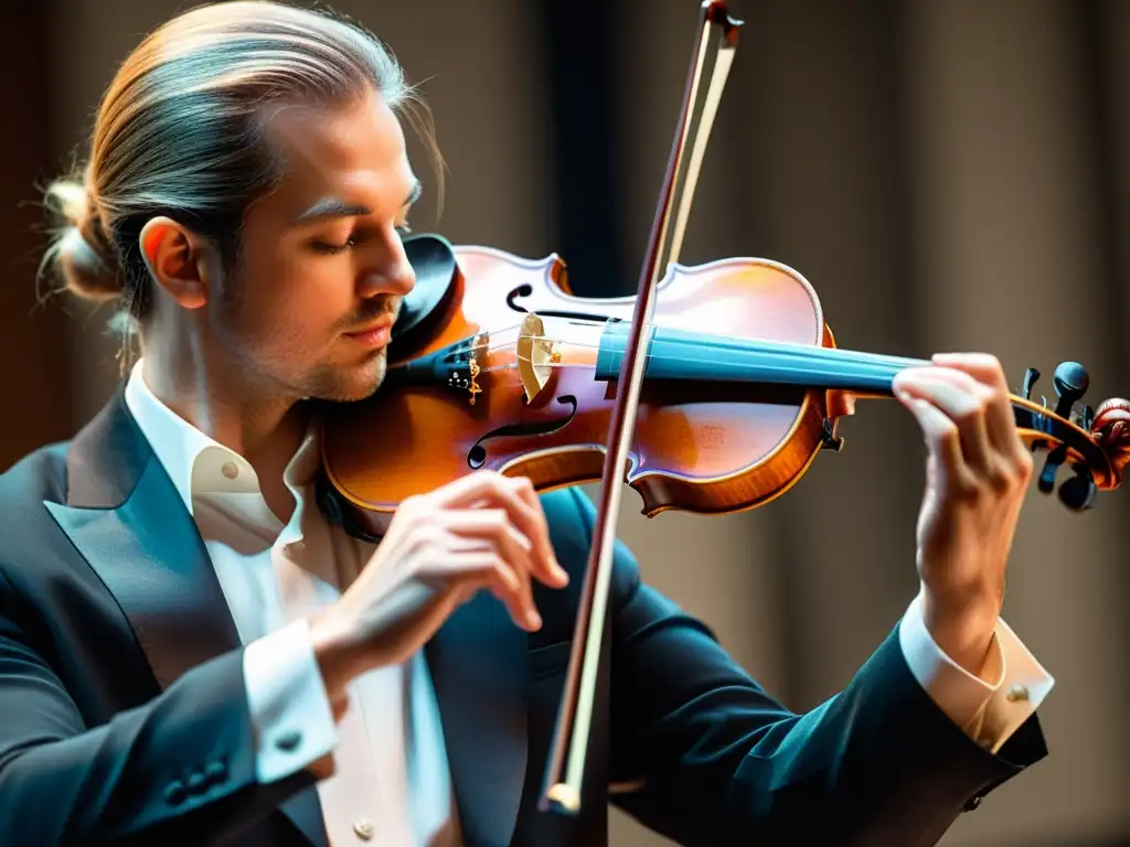 Detalle de mano de violinista ejecutando técnicas legato en instrumento de cuerda con precisión y fluidez, destacando la destreza y elegancia