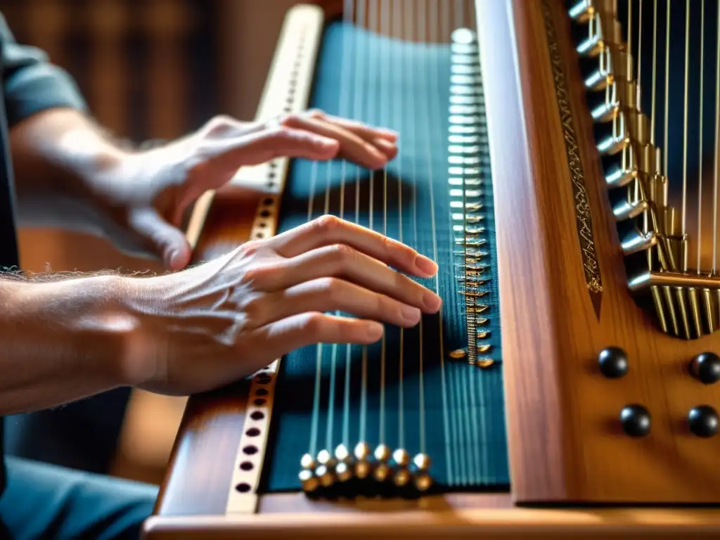 Detalle de manos tocando un autoarpa en cálido entorno musical, resaltando la historia y uso del autoarpa