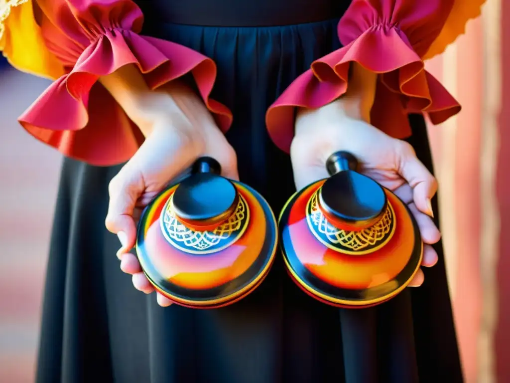 Detalle de las manos de una bailarina de flamenco sosteniendo unas castañuelas bellamente talladas, listas para el baile