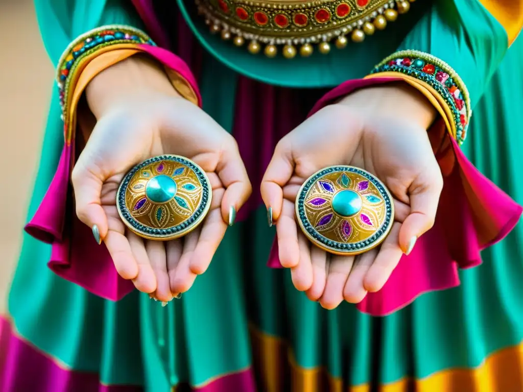 Detalle de zills en manos de una bailarina, listos para sonar en la danza del vientre, con vibrantes colores y elegancia cultural