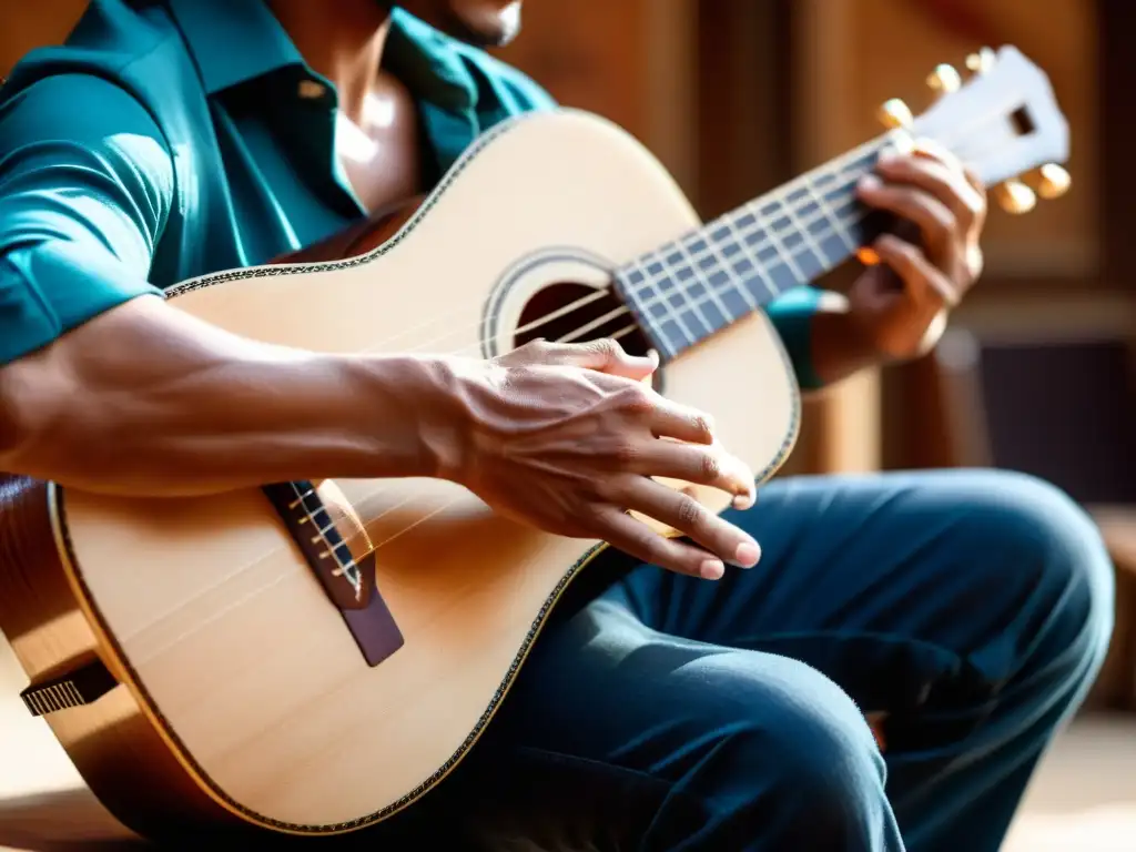 Detalle de manos tocando el cajón peruano en un ambiente de flamenco, fusionando tradiciones peruanas y españolas