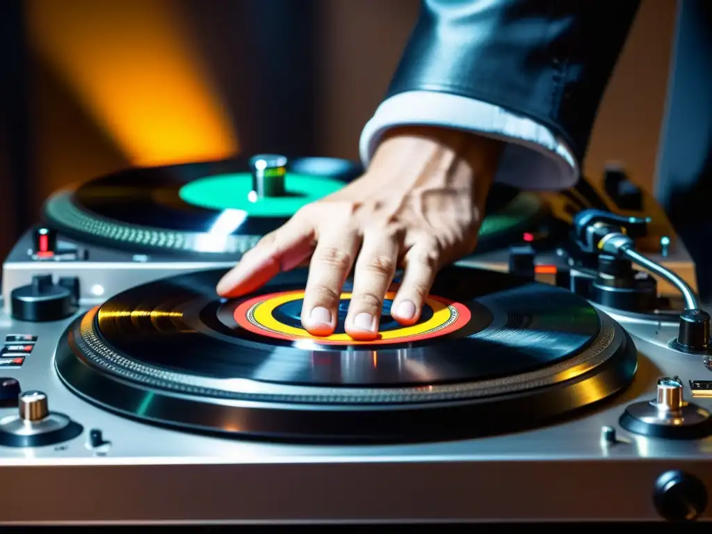 Detalle de manos de DJ manipulando el tocadiscos y el vinilo, destaca la destreza y la precisión en la historia del turntablism como instrumento