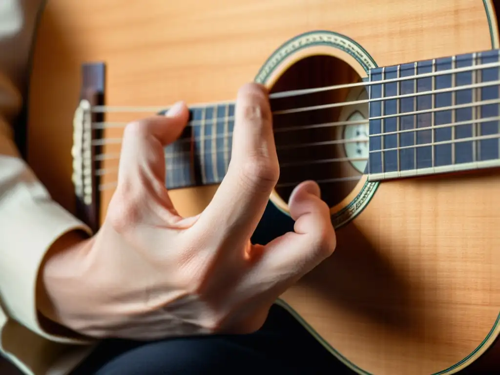 Detalle de manos tocando guitarra clásica, bañadas en cálida luz natural