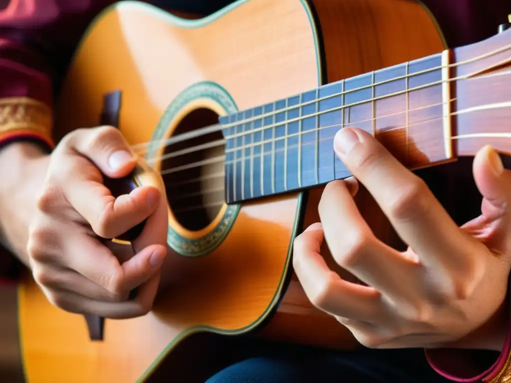 Detalle de manos tocando una guitarra española, resaltando la artesanía y expresión musical