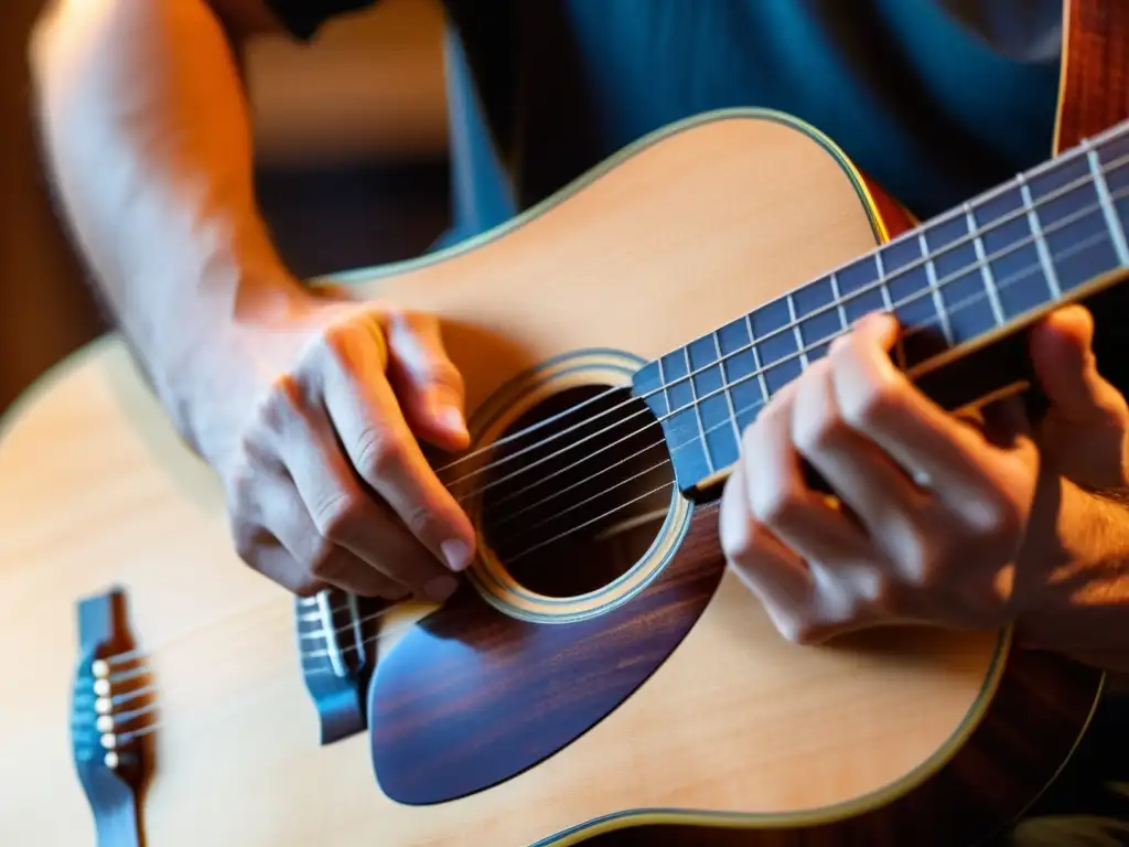 Detalle de manos de guitarrista tocando cuerdas de guitarra acústica en torneos, transmitiendo pasión y maestría musical
