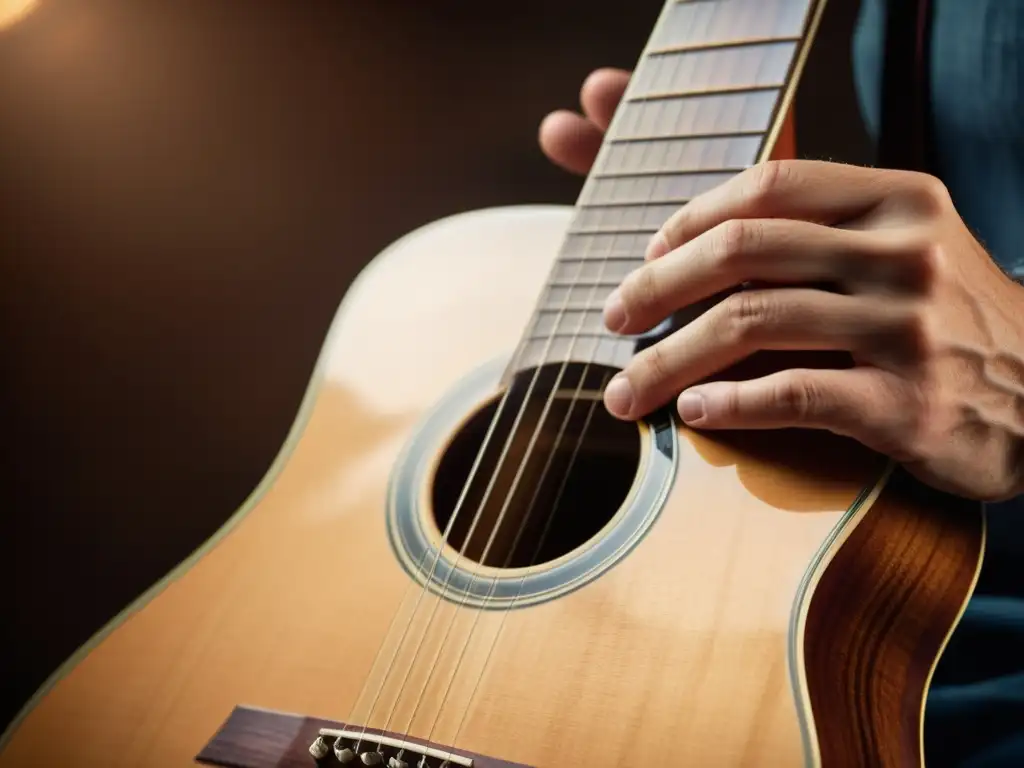 Detalle de manos de guitarrista hábil, tocando una guitarra acústica vintage con pasión y destreza, evocando la relevancia en documentales musicales