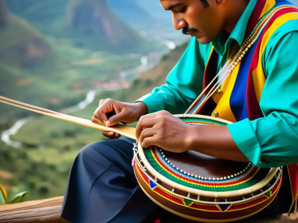 Detalle de manos hábiles tocando la Bandola Andina, con paisaje de Valles Venezolanos al fondo