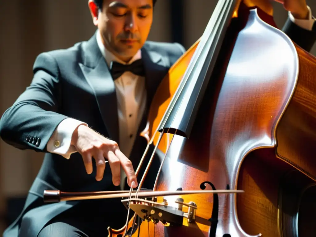 Detalle de manos hábiles de contrabajista mostrando la versatilidad del contrabajo en orquesta, con destreza y pasión musical