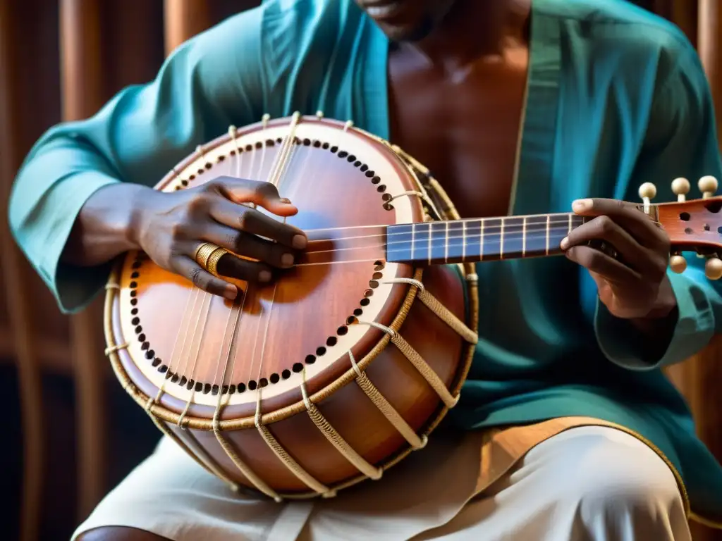 Detalle de manos de músico tocando una kora africana, resaltando la artesanía y significado cultural de los instrumentos musicales transculturales