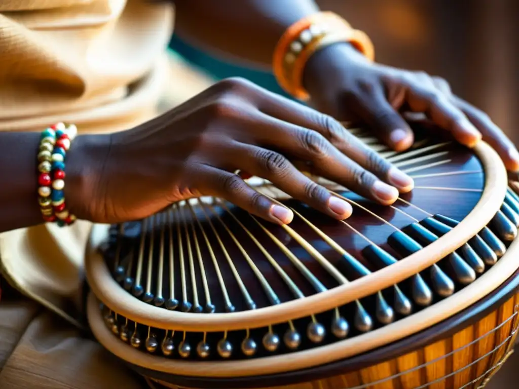 Detalle de manos de músico tocando la kora, mostrando la artesanía y el alma de la música africana