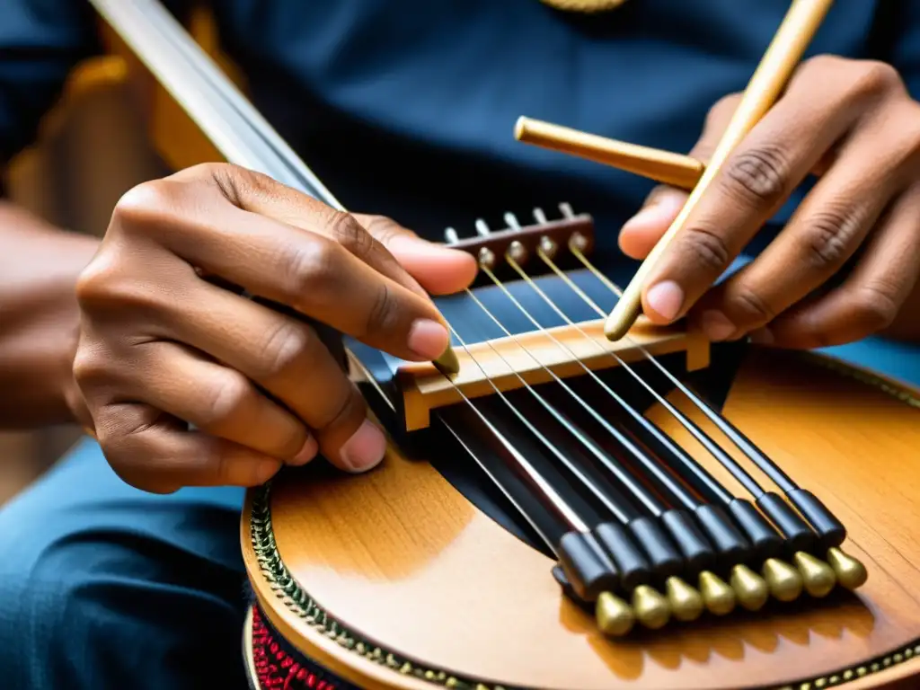 Detalle de las manos de un músico experto tocando el Timple Canario, mostrando la destreza y la tradición del instrumento folclórico