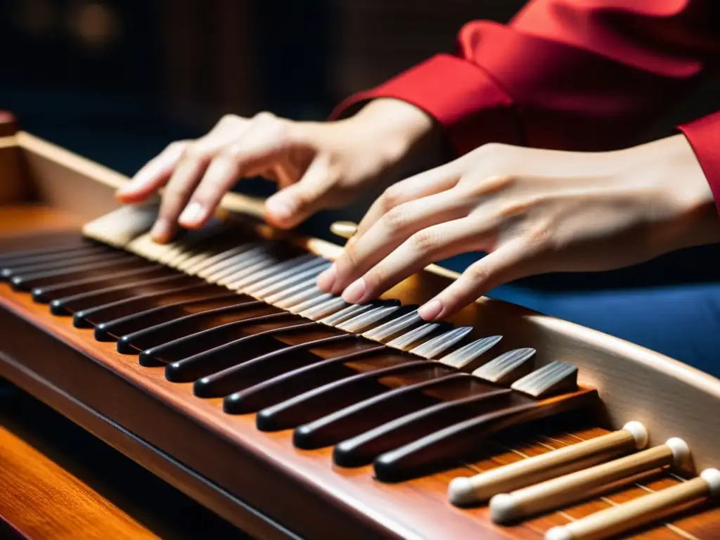 Detalle de manos de músico tocando el guzheng, mostrando la historia y construcción del instrumento en una atmósfera de concierto