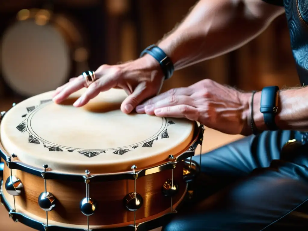 Maestría percusiva: manos expertas tocando bodhrán Detalle de manos de percusionista experto tocando un bodhrán, resaltando texturas y movimiento, historia y construcción del bodhrán