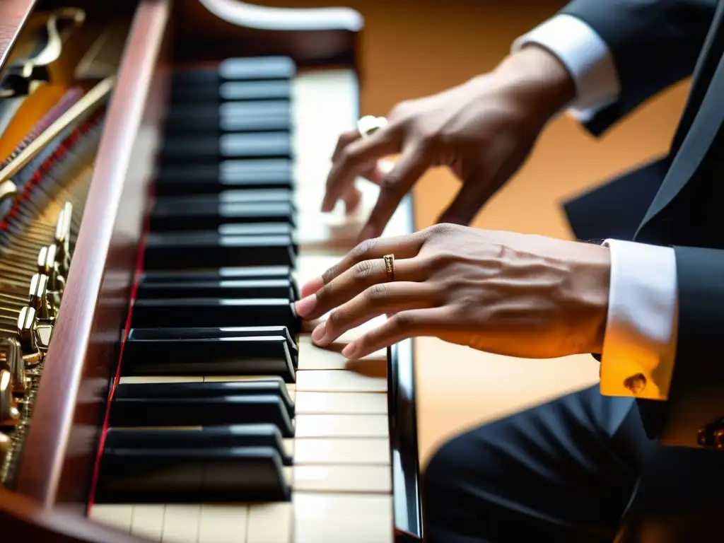 Detalle de manos de pianista ejecutando técnicas legato y staccato en el piano, mostrando precisión y expresividad