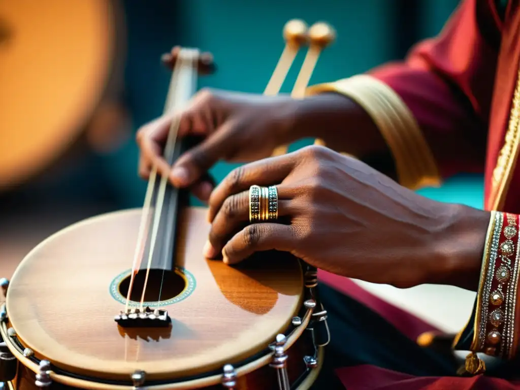 Detalle de manos tocando el Surbahar en concierto de música clásica india, historia y sonido del Surbahar