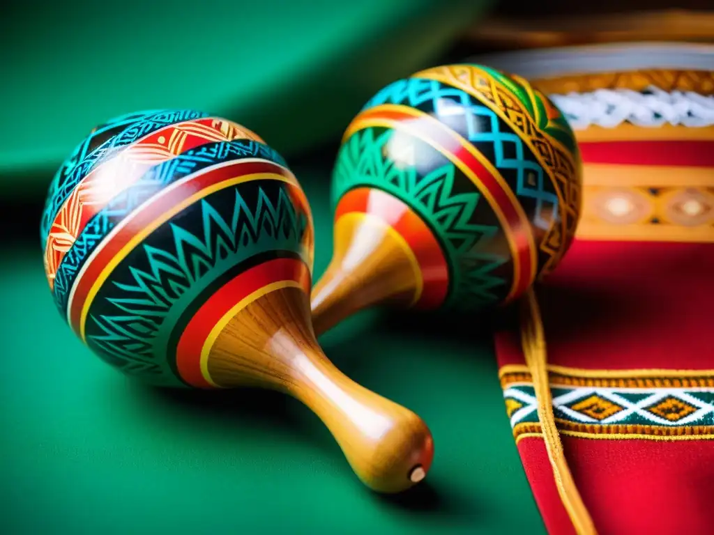 Detalle de maracas artesanales con motivos tradicionales y colores vibrantes