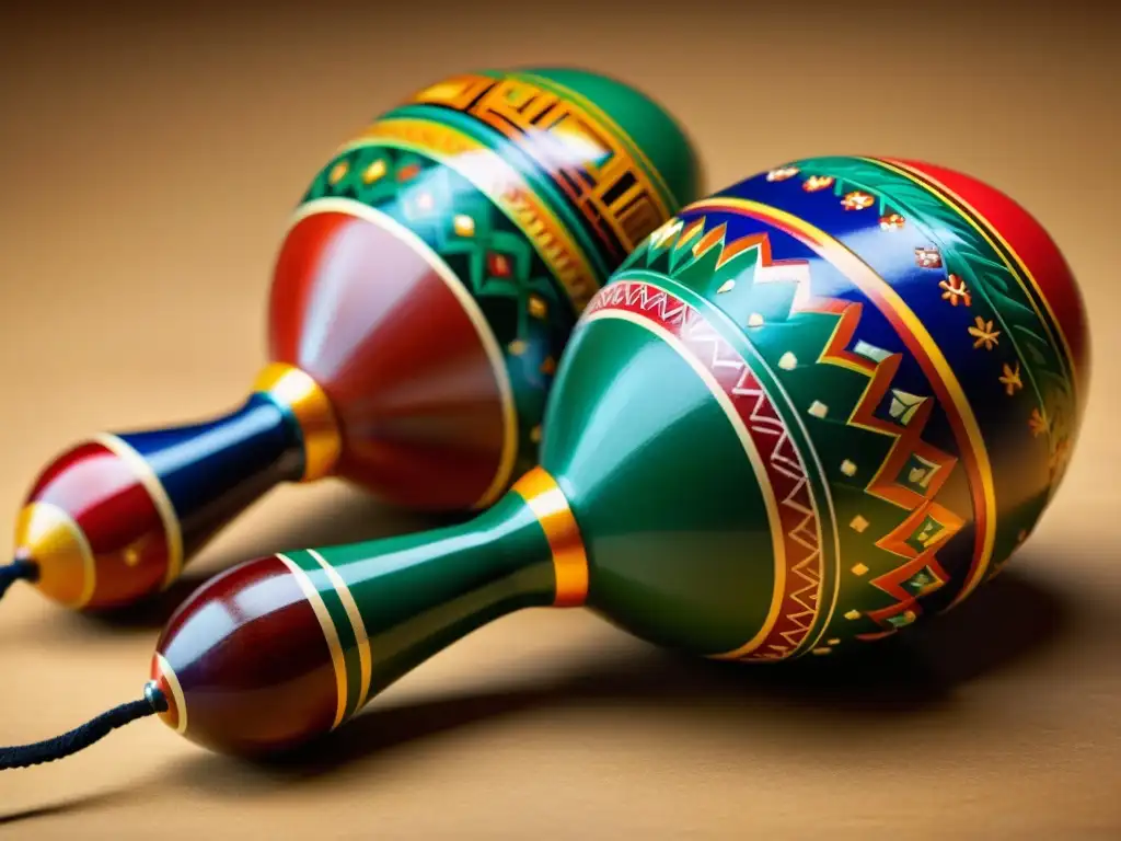 Detalle de maracas talladas y pintadas, reflejando la artesanía y colores vibrantes de los instrumentos culturales latinoamericanos