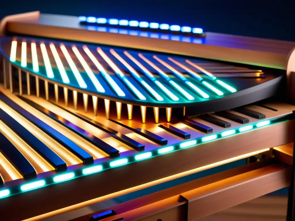 Detalle de marimba electrónica moderna con luces LED, fusionando percusión tradicional con tecnología avanzada