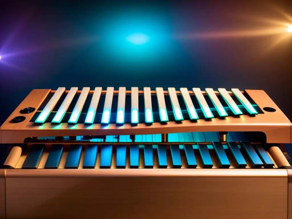 Detalle de marimba electrónica moderna, con luces LED iluminando su superficie y fusión de percusión tradicional y tecnología moderna