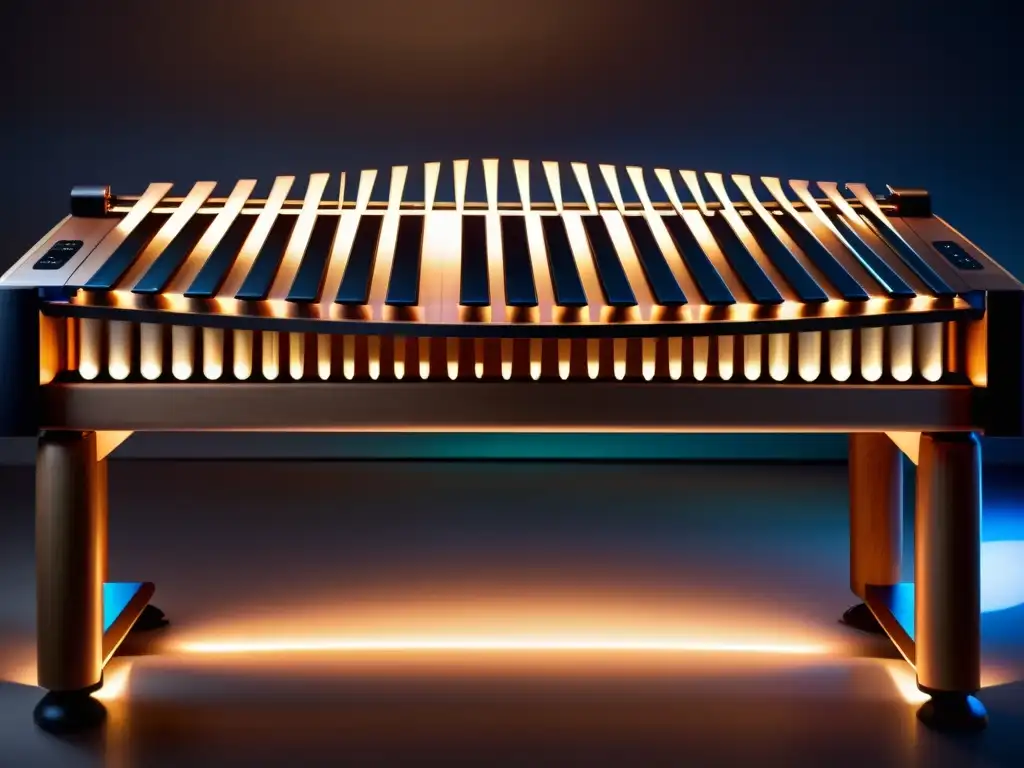 Detalle de una marimba electrónica moderna con barras iluminadas por LED, reflejándose en una superficie pulida