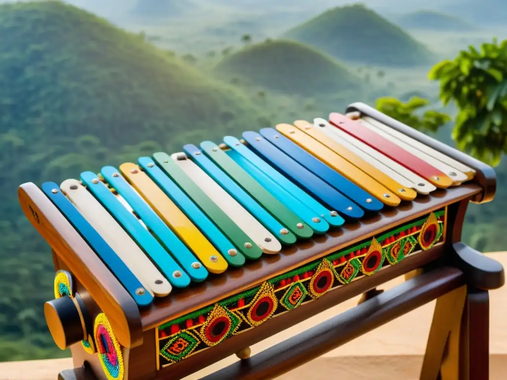 Detalle de un Gyil, la marimba tradicional del pueblo Lobi, resalta su artesanía e importancia cultural, iluminado por luz natural