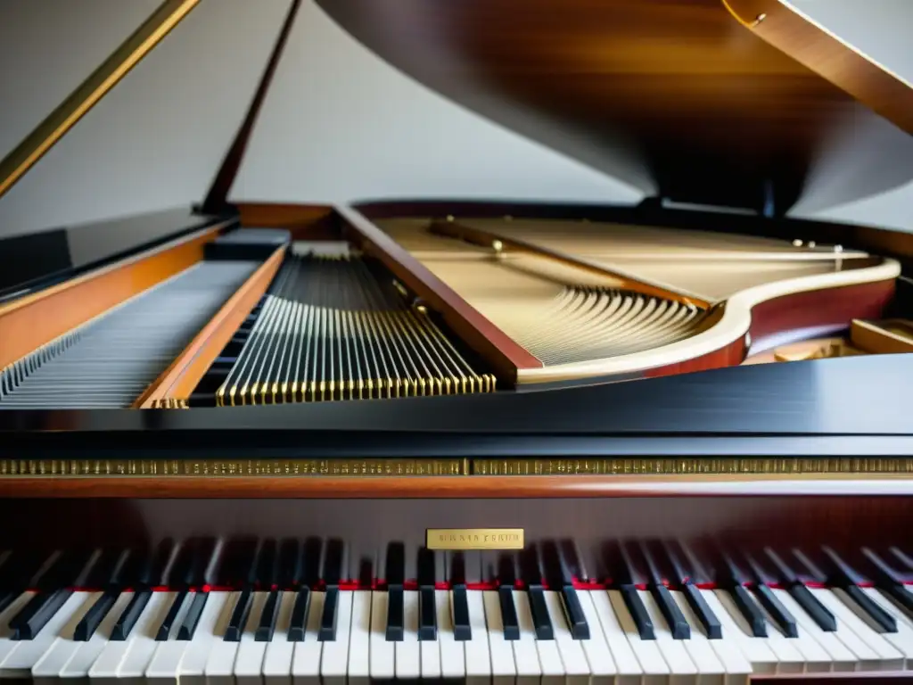 Detalle de la acción de los martillos y cuerdas en un piano de cola, mostrando la precisión y el sonido del piano de cola en acción