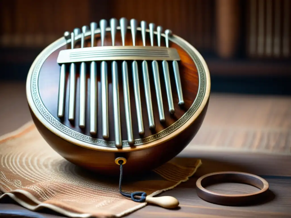 Detalle de un mbira africano tradicional, resaltando la historia y relevancia cultural del instrumento en la música africana