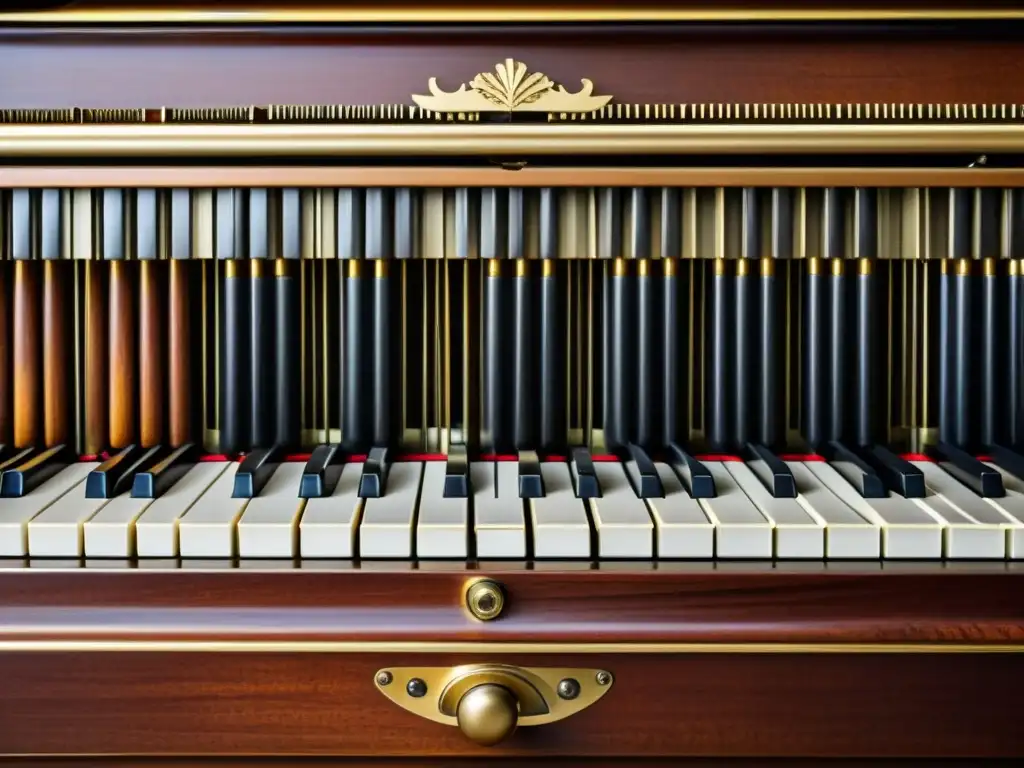 Detalle del mecanismo interior de un piano vertical, mostrando la complejidad y la artesanía