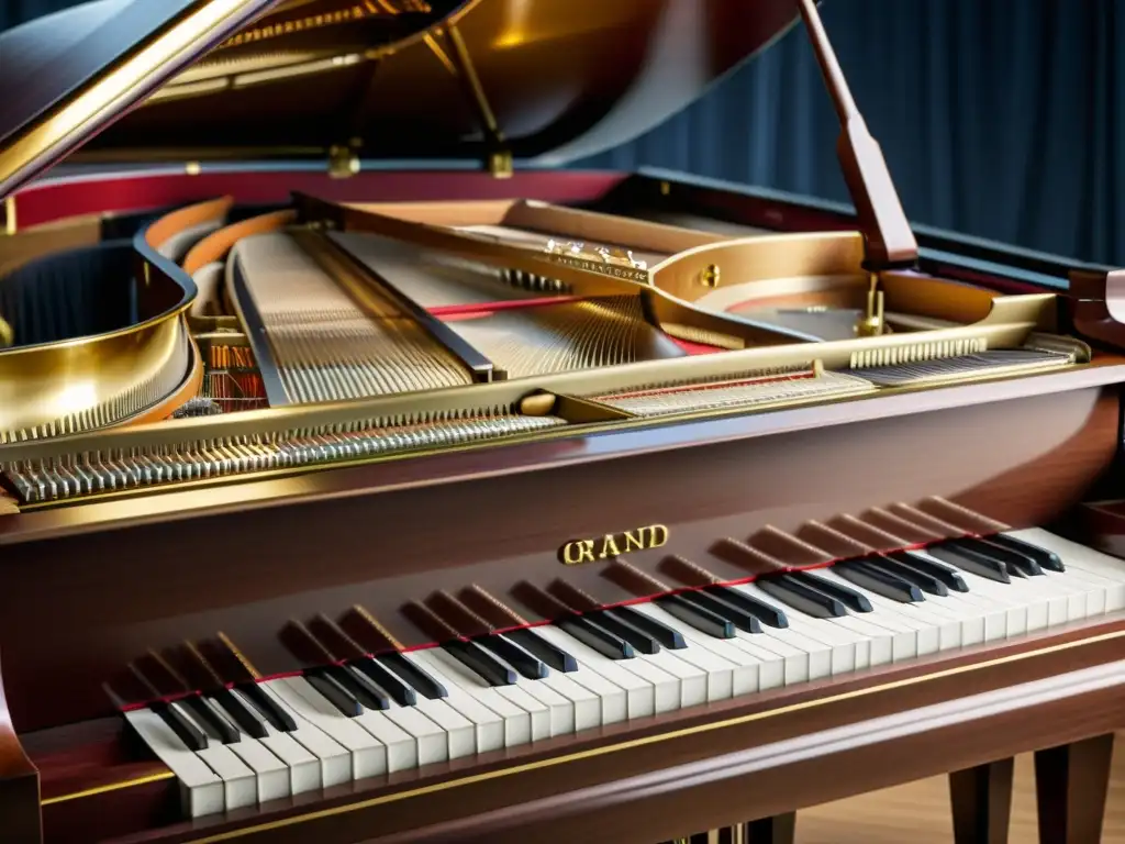 Detalle del mecanismo interno de un piano de cola, destacando las cuerdas, macillos y apagadores
