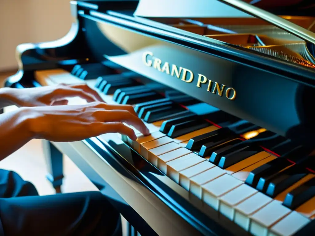 Detalle del mecanismo en acción de un piano de cola, con reflejo de manos y sonido del piano de cola en acción