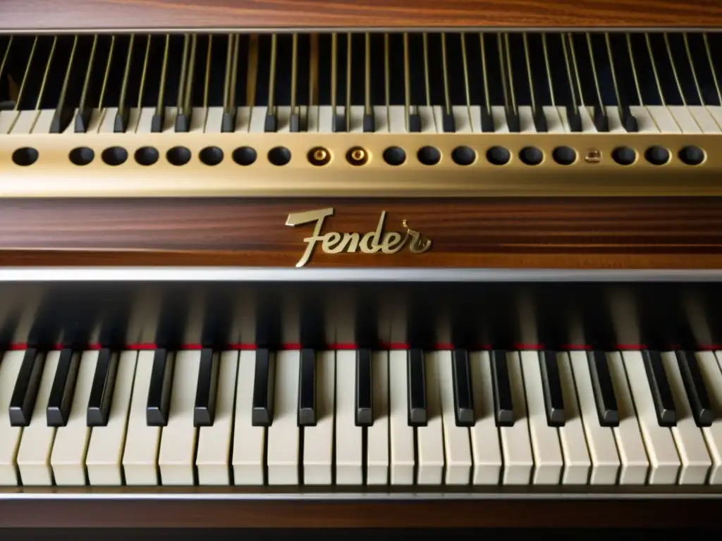 Detalle de los mecanismos internos de un piano eléctrico Fender Rhodes vintage, resaltando la cálida historia y sonido del instrumento icónico