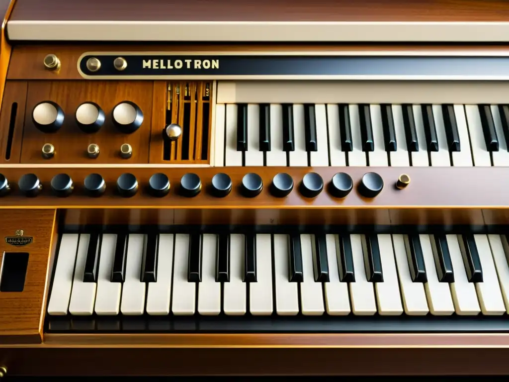 Detalle de un Mellotron vintage con iluminación cálida, destacando su legado musical y encanto nostálgico