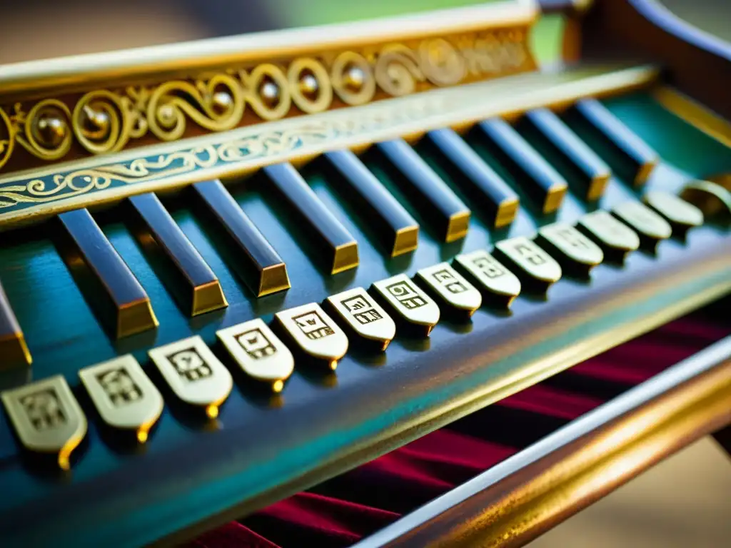 Detalle de los metal keys del instrumento slentem gamelan javanés, destacando la artesanía y texturas únicas de cada tecla