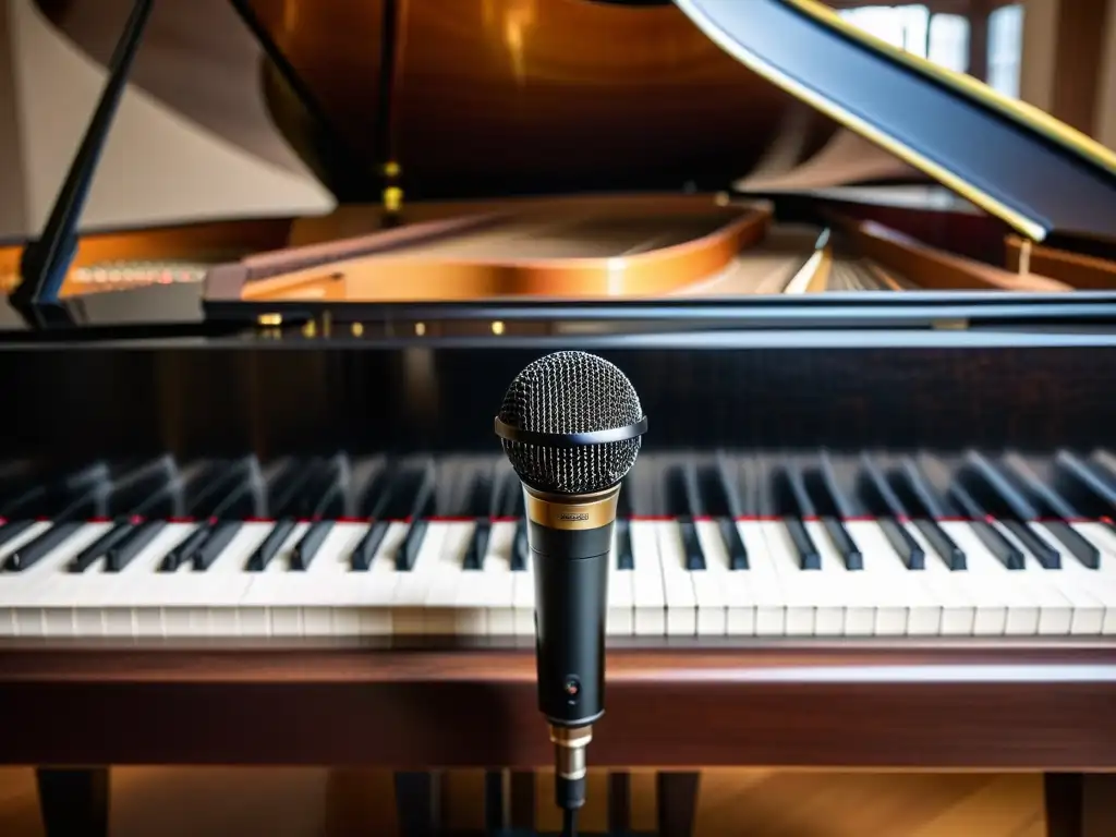 Detalle de micrófono condensador frente a un elegante piano de cola
