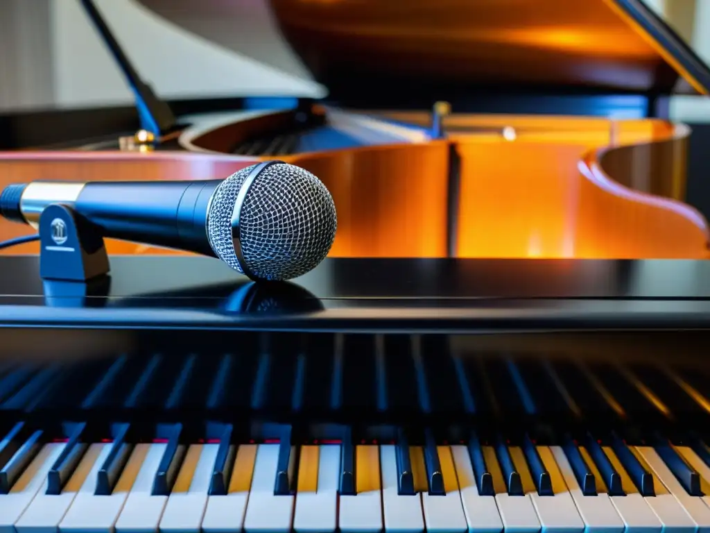 Detalle de micrófono condensador frente a un piano de cola, resaltando técnicas de micrófono para instrumentos musicales