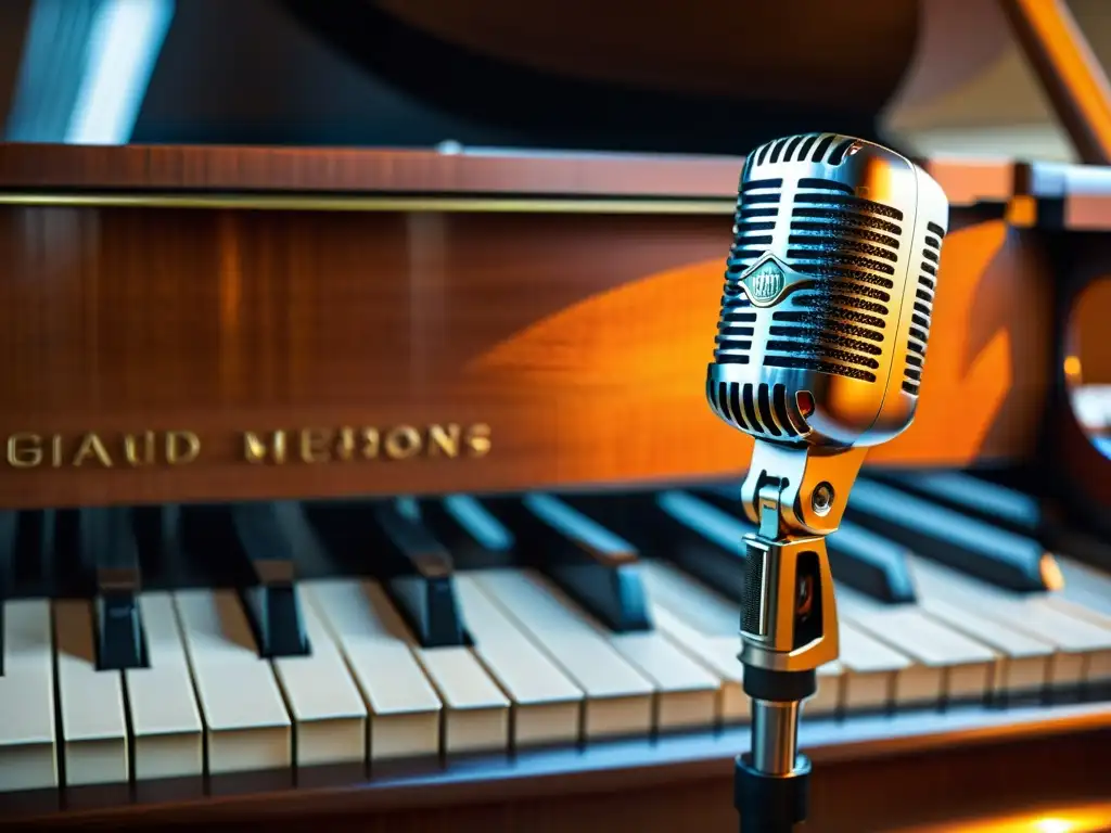 Detalle de micrófono condensador profesional frente a un elegante piano de cola