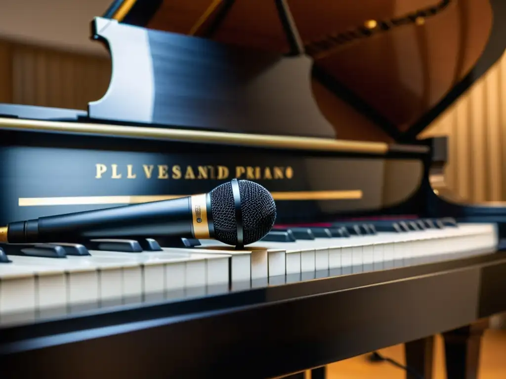 Detalle de micrófono junto a un piano de cola durante sesión de grabación