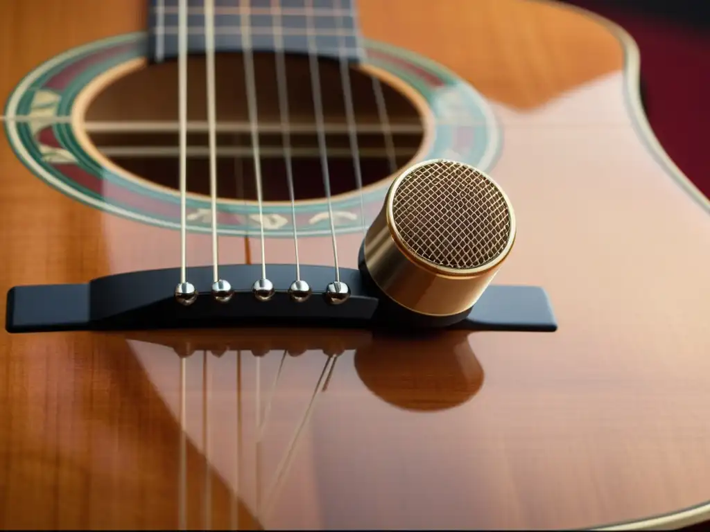 Detalle de micrófono oculto en guitarra clásica, fusionando técnicas de grabación discreta instrumentos con artesanía y modernidad