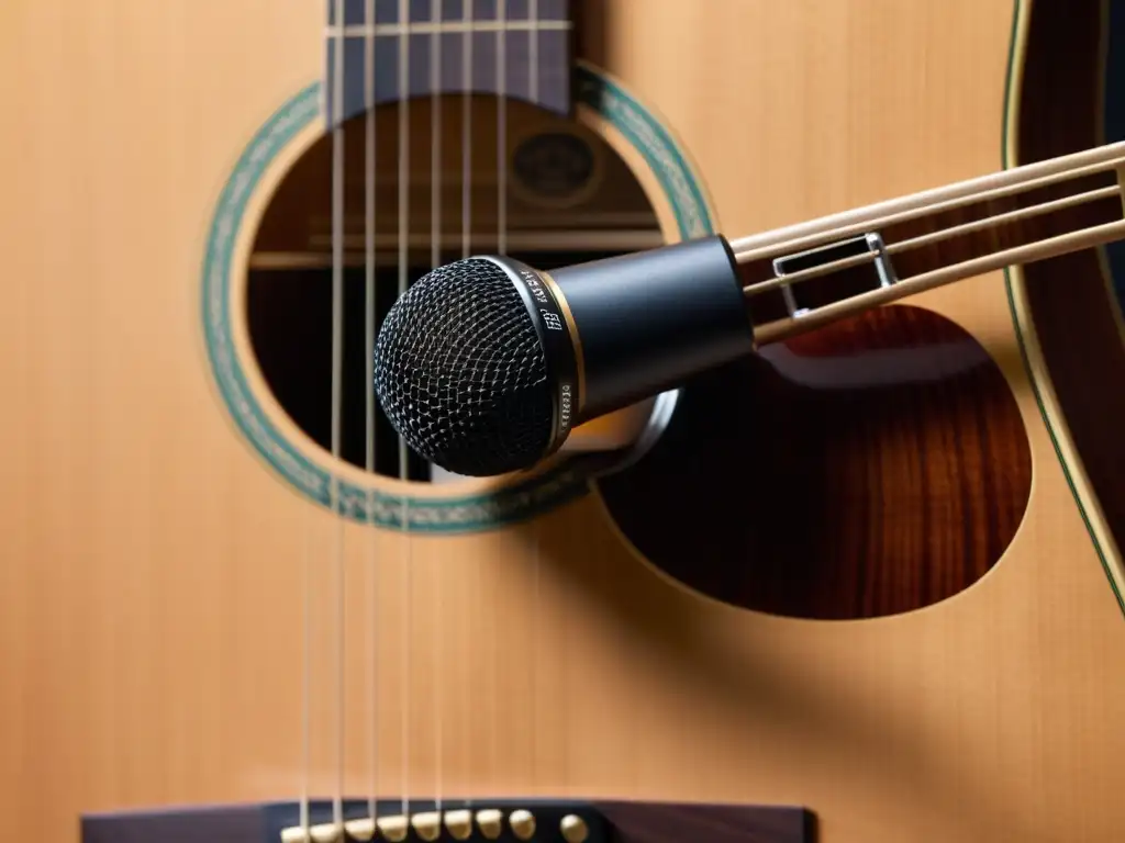 Detalle de micrófono oculto en guitarra acústica durante presentación en vivo, resaltando técnicas de grabación discreta instrumentos