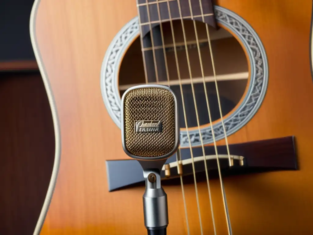 Detalle de micrófono vintage frente a guitarra acústica, capturando la esencia de instrumentos acústicos con sofisticación y artesanía