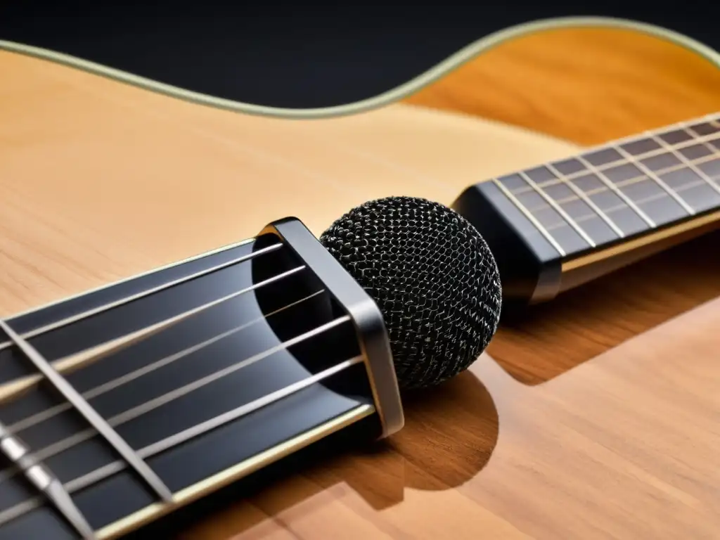 Detalle de micrófonos de grabación estéreo de instrumentos musicales capturando la esencia de una guitarra acústica de madera