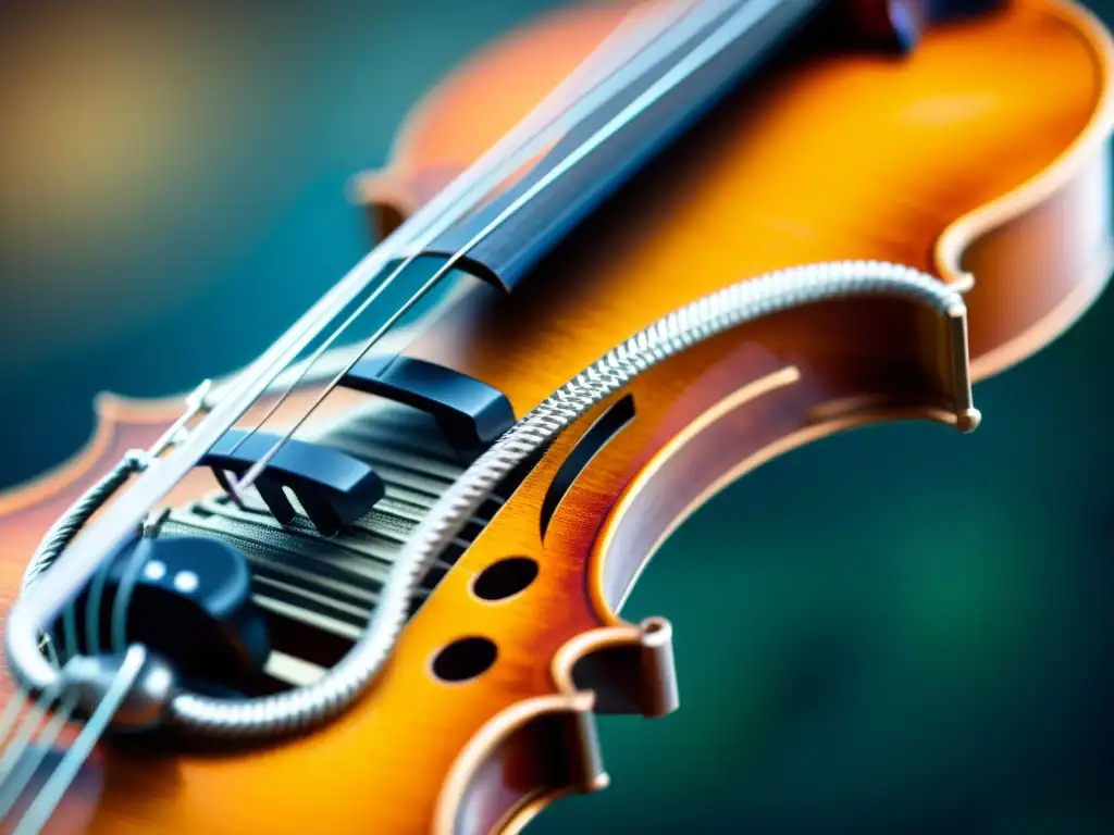 Detalle microscópico de una cuerda de violín bajo tensión, revelando la ciencia detrás de cuerdas de instrumentos musicales