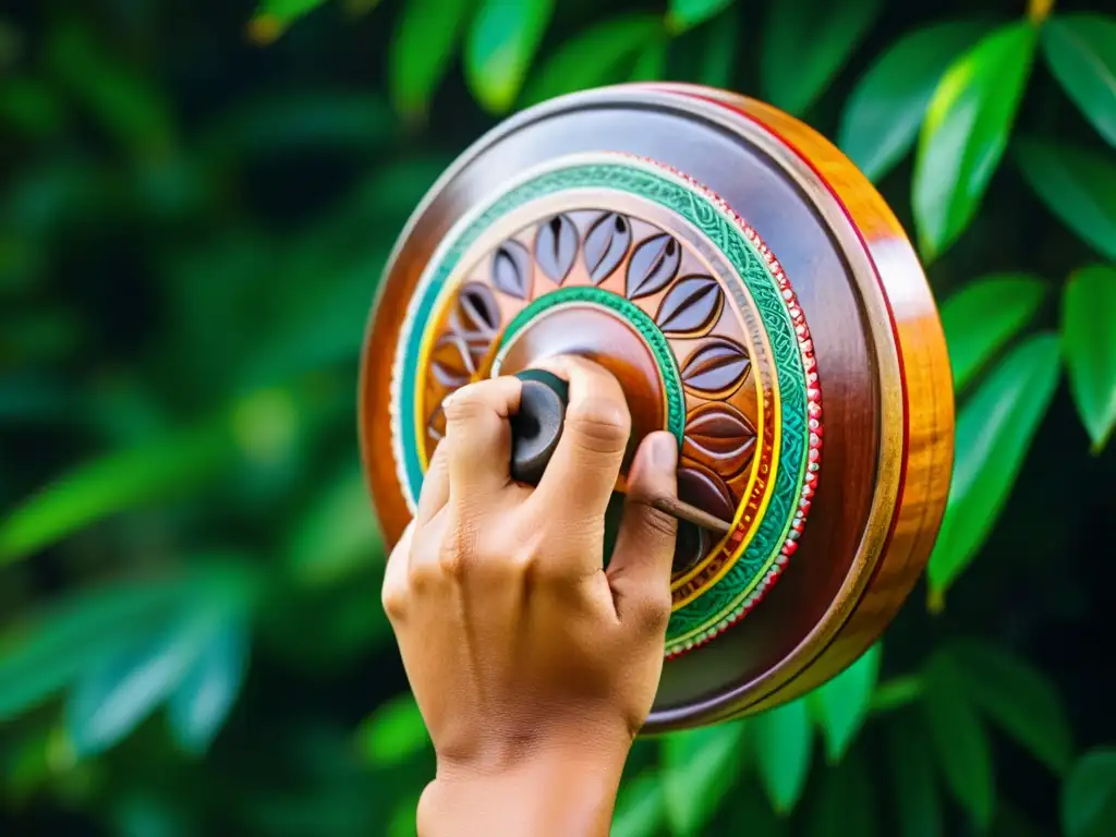 Detalle de un Mirlitón musical en la selva del Amazonas, resaltando sus colores y texturas, y la destreza del músico