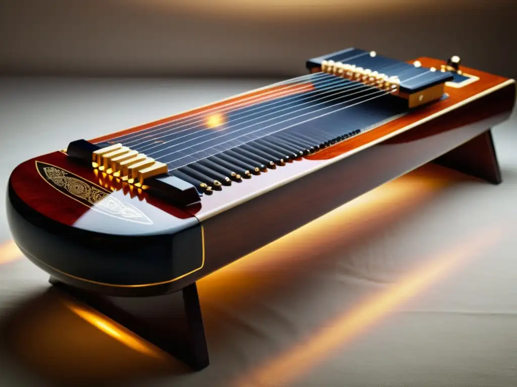 Innovación del guzheng en música: Detalle ultradetallado de guzheng modernizado, fusionando tradición y modernidad en un diseño elegante iluminado por un foco suave