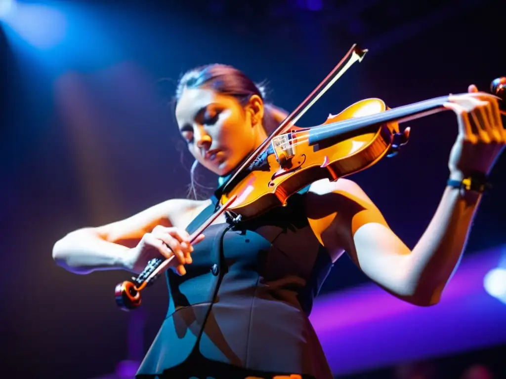 Detalle de violín eléctrico moderno tocado con pasión en vivo, fusionando instrumentos de cuerda en el siglo XXI