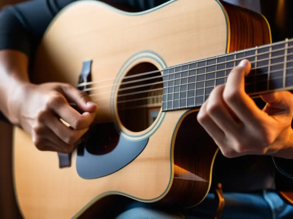 Detalle de músico tocando guitarra acústica, capturando la tensión de los dedos en las cuerdas