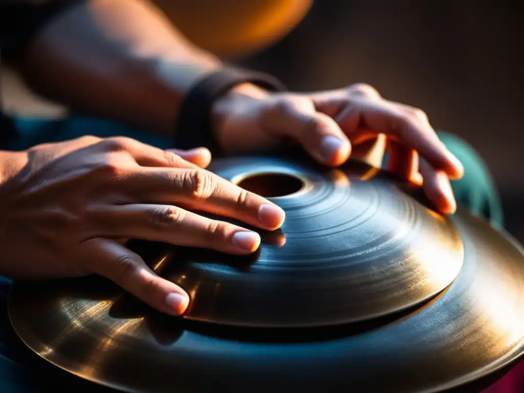 Detalle de un músico de handpan concentrado, con iluminación cálida y atmósfera íntima, evocando la historia del hang drum en ambientes indie