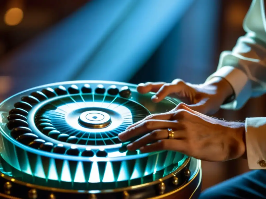 Detalle de Glass Armonica de Franklin, manos del músico sobre las cuencas de cristal, historia y legado cultural