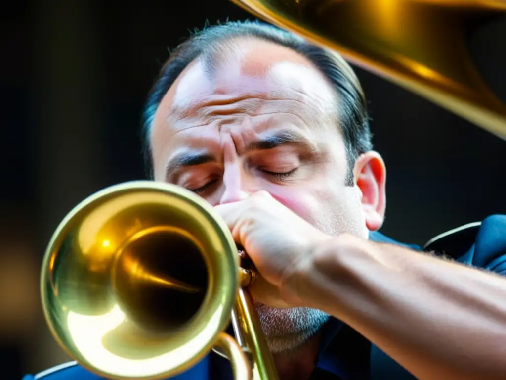 Detalle de un músico tocando el trombón, mostrando las técnicas avanzadas de trombón de vara con precisión y dedicación